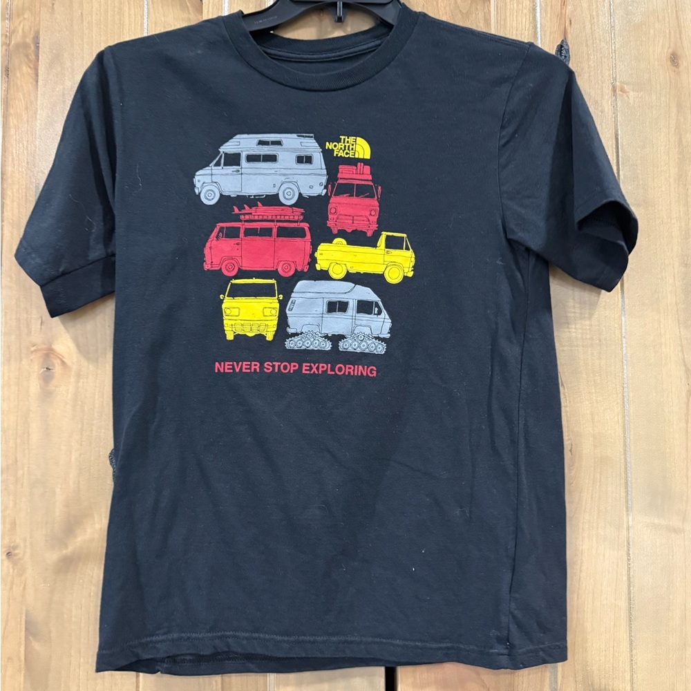 The North Face Kids Black Tee with Colorful Vehicle Graphics